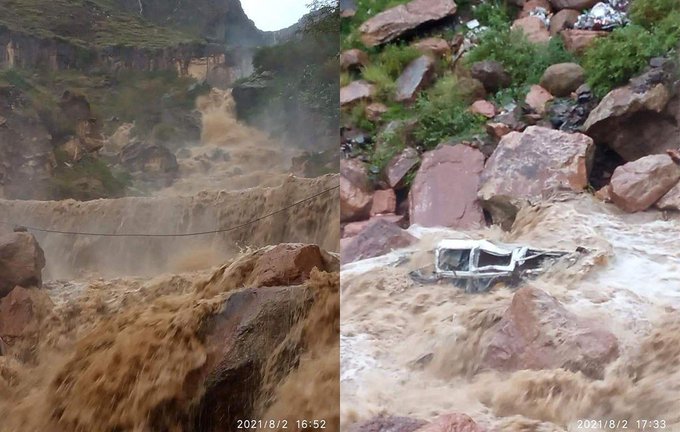 سيول جارفة تسحب سيارة ومحطة كهرباء في "وادي بنا" بمحافظة إب