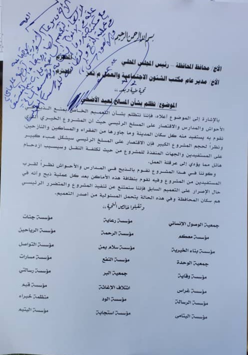 تعز ... عشرات المؤسسات تهدد بوقف مشروع توزيع الأضاحي لهذا العام بسبب ابتزاز مدير المسالخ لها