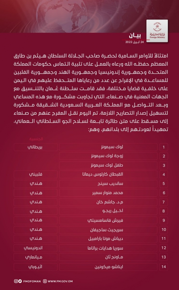 سلطنة عمان تحقق نجاحاً دبلوماسيا بالإفراج عن 14 شخصاً كانوا محتجزين لدى جماعة الحوثي