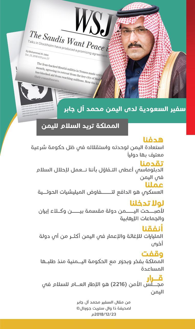 السفير السعودي لدى اليمن  في مقال لصحيفة " ذا وال ستريت" الأمريكية الدور العسكري السعودي الدافع وراء رغبة ميليشيا الحوثي في التفاوض