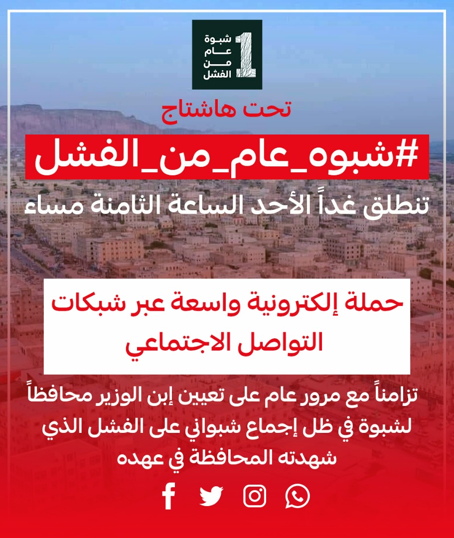 إطلاق حملة إلكترونية واسعة تحت هشتاق #شبوه_عام_من_الفشل